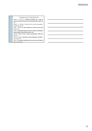 09/03/2012
11
REFERÊNCIAS COMPLEMENTARREFERÊNCIAS COMPLEMENTAR
•AMADIO, A.C.; DUARTE, M. Fundamentos biomecânicos para a análise do
movimento. Laboratório de Biomecânica, Escola de Educação Física e Esporte, USP,
1997.
•FRANKEL, V.H.; NORDIN, M. Biomecânica Básica do sistema musculoesquelético.
Guanabara Koogan, RJ, 2003.
•HAMILL, J.; KNUTZEN, K.M. Bases biomecânicas do movimento humano. Editora
Manole, SP, 1999.
•LIEBER, R.L. Skeletal Muscle Structure and Function. Implications for Rehabilitation
and Sports Medicine. Williams & Wilkins, Baltimore, 1992.
•WATKINS,J. Estrutura e função do sistema musculoesquelético. Artmed, Porto
Alegre, 2001.
•NIGG, B.M.; HERZOG, W. Biomechanics of musculo-skeletal system. John Wiley &
Sons, Chichester, 1994.
•WINTER, D.A. Biomechanics and Motor Control of human movement. John Wilwey &
Sons Inc., Chichester, 1990.
 