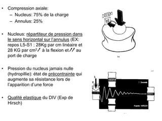 • Compression axiale:
– Nucleus: 75% de la charge
– Annulus: 25%
• Nucleus: répartiteur de pression dans
le sens horizontal sur l’annulus (EX:
repos L5-S1 : 28Kg par cm linéaire et
28 KG par cm2. à la flexion et au
port de charge
• Pression du nucleus jamais nulle
(hydropillie): état de précontrainte qui
augmente sa résistance lors de
l’apparition d’une force
• Qualité elastique du DIV (Exp de
Hirsch)
 