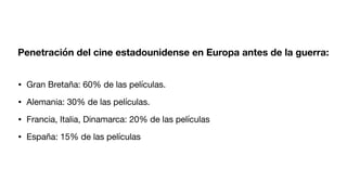 Penetración del cine estadounidense en Europa antes de la guerra:
• Gran Bretaña: 60% de las películas.
• Alemania: 30% de las películas.
• Francia, Italia, Dinamarca: 20% de las películas
• España: 15% de las películas
 