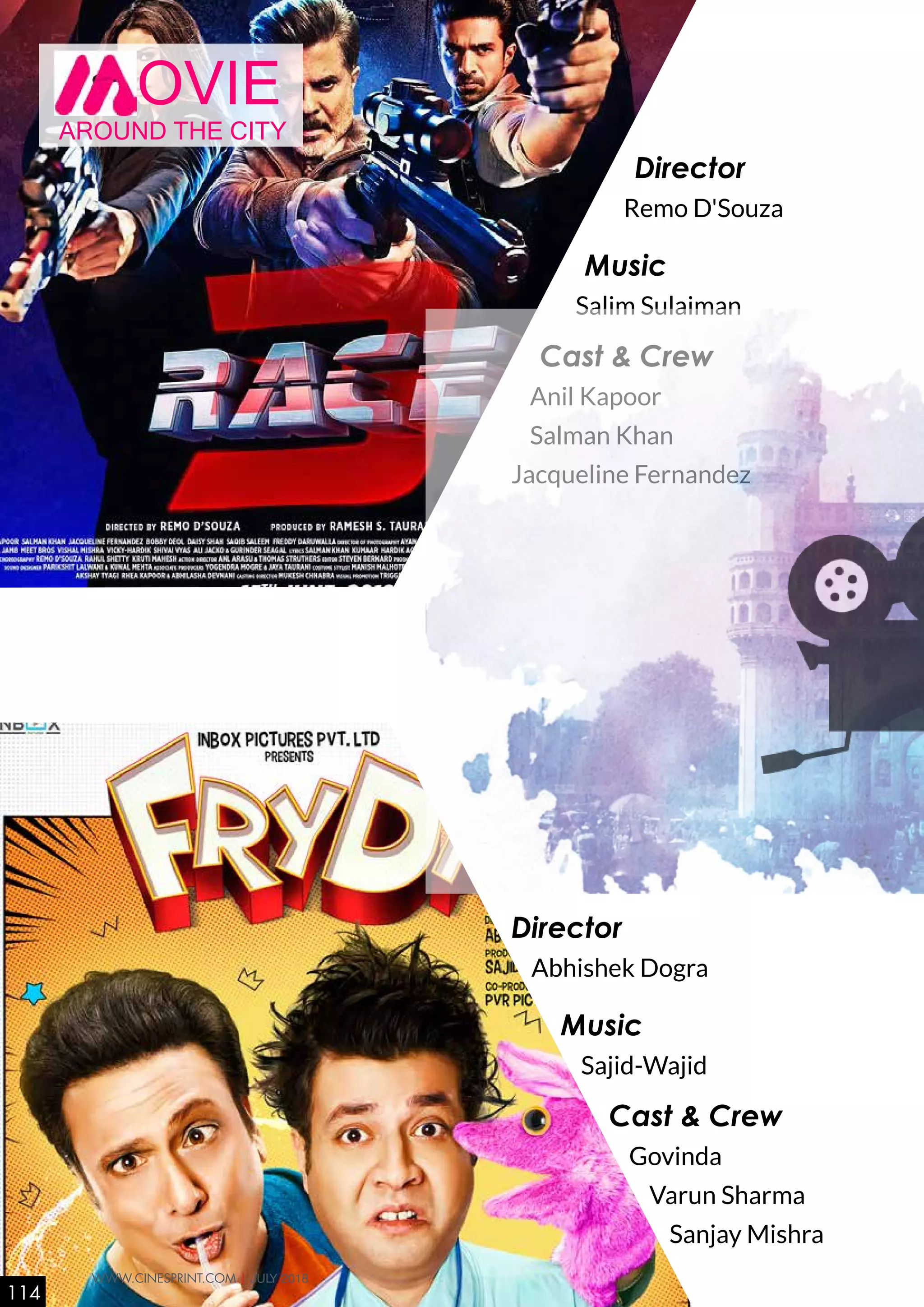 Director
	 Remo D'Souza
Music
Salim Sulaiman
Cast & Crew
Anil Kapoor
Salman Khan
Jacqueline Fernandez
Director
Abhishek Dogra
Music
Sajid-Wajid
Cast & Crew
Govinda
Varun Sharma
Sanjay Mishra
AROUND THE CITY
OVIE
114
WWW.CINESPRINT.COM | JULY 2018
 