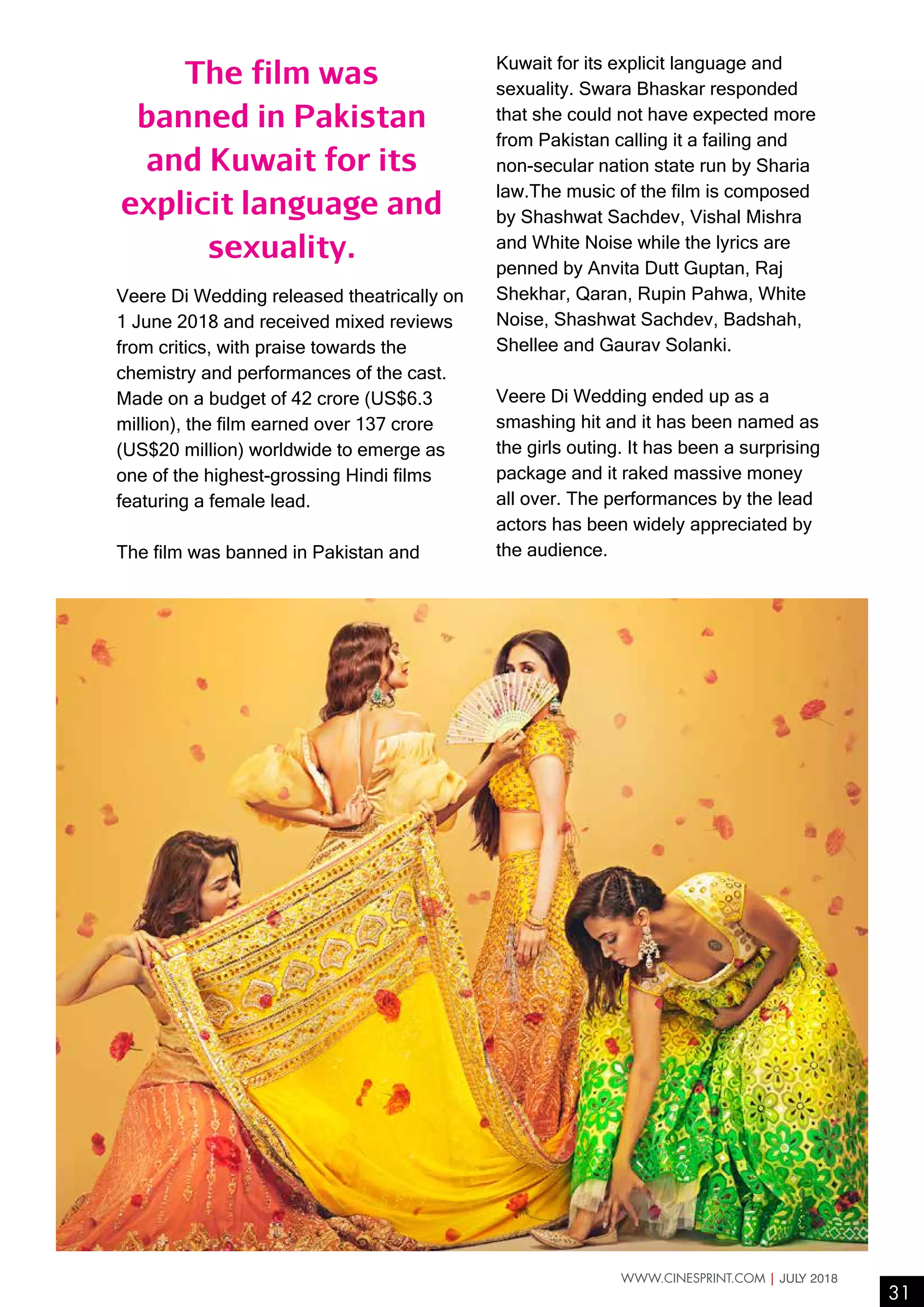 Veere Di Wedding released theatrically on
1 June 2018 and received mixed reviews
from critics, with praise towards the
chemistry and performances of the cast.
Made on a budget of 42 crore (US$6.3
million), the film earned over 137 crore
(US$20 million) worldwide to emerge as
one of the highest-grossing Hindi films
featuring a female lead.
The film was banned in Pakistan and
Kuwait for its explicit language and
sexuality. Swara Bhaskar responded
that she could not have expected more
from Pakistan calling it a failing and
non-secular nation state run by Sharia
law.The music of the film is composed
by Shashwat Sachdev, Vishal Mishra
and White Noise while the lyrics are
penned by Anvita Dutt Guptan, Raj
Shekhar, Qaran, Rupin Pahwa, White
Noise, Shashwat Sachdev, Badshah,
Shellee and Gaurav Solanki.
Veere Di Wedding ended up as a
smashing hit and it has been named as
the girls outing. It has been a surprising
package and it raked massive money
all over. The performances by the lead
actors has been widely appreciated by
the audience.
The film was
banned in Pakistan
and Kuwait for its
explicit language and
sexuality.
31
WWW.CINESPRINT.COM | JULY 2018
 