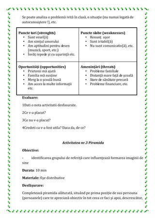 Se poate analiza o problemă ivită în clasă, o situaţie (nu numai legată de
autocunoaştere !), etc.
Puncte tari (strenghts)
• Sunt vesel(ă)
• Am simţul umorului
• Am aptitudini pentru desen
(muzică, sport, etc.)
• Învăţ repede şi cu uşurinţă etc.
Puncte slabe (weaknesses)
• Renunţ uşor
• Sunt iritabil(ă)
• Nu sunt comunicativ(ă), etc.
Oportunităţi (opportunities)
• Prietenii mă ajută
• Familia mă susţine
• Merg la o şcoală bună
• Am acces la multe informaţii
etc.
Ameninţări (threats)
• Probleme familiale
• Distanţă mare faţă de şcoală
• Stare de sănătate precară
• Probleme financiare, etc.
Evaluare:
1Dati o nota activitatii desfasurate.
2Ce v-a placut?
3Ce nu v-a placut?
4Credeti ca v-a fost utila? Daca da, de ce?
Activitatea nr.3 Piramida
Obiective:
- identificarea grupului de referiţă care influenţează formarea imaginii de
sine
Durata: 10 min
Materiale: fişe distributive
Desfăşurare:
Completează piramida alăturată, situând pe prima poziţie de sus persoana
(persoanele) care te apreciază obiectiv în tot ceea ce faci şi apoi, descrescător,
 