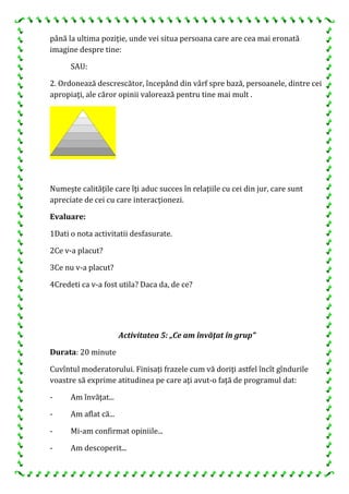 până la ultima poziţie, unde vei situa persoana care are cea mai eronată
imagine despre tine:
SAU:
2. Ordonează descrescător, începând din vârf spre bază, persoanele, dintre cei
apropiaţi, ale căror opinii valorează pentru tine mai mult .
Numeşte calităţile care îţi aduc succes în relaţiile cu cei din jur, care sunt
apreciate de cei cu care interacţionezi.
Evaluare:
1Dati o nota activitatii desfasurate.
2Ce v-a placut?
3Ce nu v-a placut?
4Credeti ca v-a fost utila? Daca da, de ce?
Activitatea 5: „Ce am învăţat în grup”
Durata: 20 minute
Cuvîntul moderatorului. Finisaţi frazele cum vă doriţi astfel încît gîndurile
voastre să exprime atitudinea pe care aţi avut-o faţă de programul dat:
- Am învăţat...
- Am aflat că...
- Mi-am confirmat opiniile...
- Am descoperit...
 