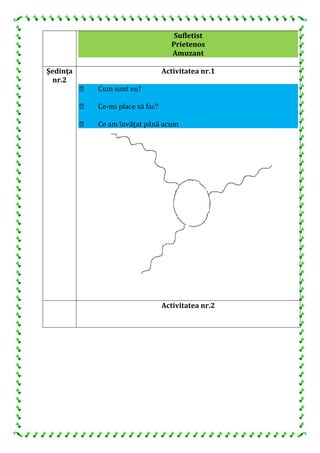 Sufletist
Prietenos
Amuzant
Şedinţa
nr.2
Activitatea nr.1
 Cum sunt eu?
 Ce-mi place să fac?
 Ce am învăţat până acum
Activitatea nr.2
 