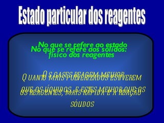 Estado particular dos reagentes No que se refere ao estado físico dos reagentes   Os gases reagem melhor que os líquidos, e estes melhor que os sólidos   No que se refere aos sólidos:  Quanto mais pulverizados estiverem os reagentes, mais rápida é a reação   