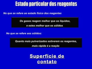 Estado particular dos reagentes No que se refere ao estado físico dos reagentes   No que se refere aos sólidos:  Superfície de contato Os gases reagem melhor que os líquidos, e estes melhor que os sólidos   Quanto mais pulverizados estiverem os reagentes, mais rápida é a reação   