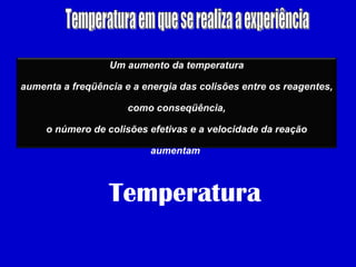 Temperatura em que se realiza a experiência Temperatura Um aumento da temperatura aumenta a freqüência e a energia das colisões entre os reagentes, como conseqüência, o número de colisões efetivas e a velocidade da reação aumentam  