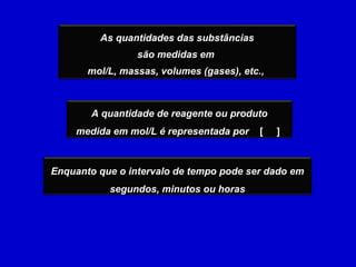 As quantidades das substâncias são medidas em  mol/L, massas, volumes (gases), etc.,  Enquanto que o intervalo de tempo pode ser dado em segundos, minutos ou horas A quantidade de reagente ou produto medida em mol/L é representada por  [  ]  
