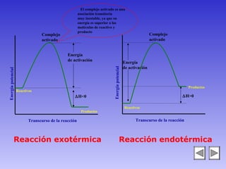 El complejo activado es una
                                                       asociación transitoria
                                                       muy inestable, ya que su
                                                       energía es superior a las
                                                       moléculas de reactivo y
                                                       producto
                                 Complejo                                                                        Complejo
                                 activado                                                                        activado


                                               Energía
                                               de activación
                                                                                                 Energía
                                                                                                 de activación




                                                                             Energía potencial
Energía potencial




                                                                                                                                   Productos
                    Reactivos
                                                   ∆H<0                                                                        ∆H>0

                                                                                                 Reactivos
                                                         Productos

                           Transcurso de la reacción                                                   Transcurso de la reacción



               Reacción exotérmica                                                         Reacción endotérmica
 