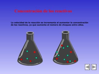 Concentración de los reactivos

La velocidad de la reacción se incrementa al aumentar la concentración
de los reactivos, ya que aumenta el número de choques entre ellos.
 