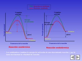 Reacción no catalizada
                                                               Reacción catalizada

                                 Complejo                                                                     Complejo
                                 activado                                                                     activado


                                               Energía
                                               de activación
                                                                                              Energía
                                                                                              de activación




                                                                          Energía potencial
                                   E.A
Energía potencial




                                                                                                                                Productos
                    Reactivos
                                                   ∆H<0                                                                     ∆H>0

                                                                                              Reactivos
                                                       Productos

                           Transcurso de la reacción                                                Transcurso de la reacción

                        Reacción exotérmica                                                     Reacción endotérmica

                    Los catalizadores cambian la energía de activación de una determinada reacción, y por lo
                    tanto incrementan la velocidad de reacción
 