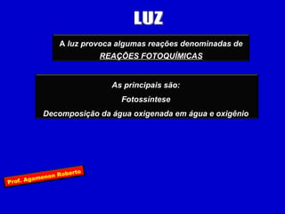 A luz provoca algumas reações denominadas de
                              REAÇÕES FOTOQUÍMICAS


                                As principais são:
                                  Fotossíntese
              Decomposição da água oxigenada em água e oxigênio




                      berto
             n o n Ro
Prof.   Agame
 