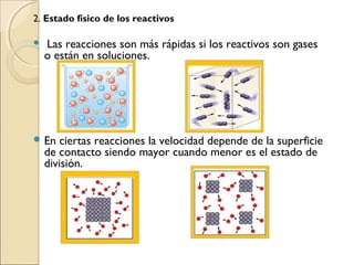 2. Estado físico de los reactivos


Las reacciones son más rápidas si los reactivos son gases
o están en soluciones.

 En

ciertas reacciones la velocidad depende de la superficie
de contacto siendo mayor cuando menor es el estado de
división.

 