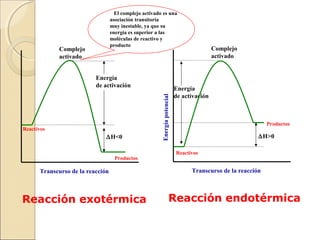 El complejo activado es una
asociación transitoria
muy inestable, ya que su
energía es superior a las
moléculas de reactivo y
producto

Complejo
activado

Reactivos

∆H<0
Productos

Transcurso de la reacción

Reacción exotérmica

Energía potencial

Energía
de activación

Complejo
activado

Energía
de activación

Productos

∆H>0
Reactivos

Transcurso de la reacción

Reacción endotérmica

 