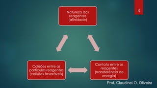 Natureza dos
reagentes
(afinidade)
Contato entre os
reagentes
(transferência de
energia)
Colisões entre as
partículas reagentes
(colisões favoráveis)
4
Prof. Claudinei O. Oliveira
 