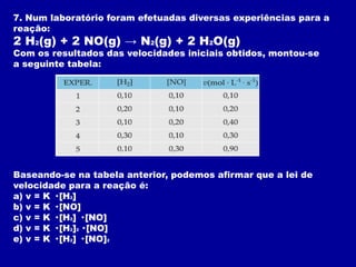 7. Num laboratório foram efetuadas diversas experiências para a
reação:
2 H2(g) + 2 NO(g) → N2(g) + 2 H2O(g)
Com os resultados das velocidades iniciais obtidos, montou-se
a seguinte tabela:
Baseando-se na tabela anterior, podemos afirmar que a lei de
velocidade para a reação é:
a) v = K · [H2]
b) v = K · [NO]
c) v = K · [H2] · [NO]
d) v = K · [H2]2 · [NO]
e) v = K · [H2] · [NO]2
 
