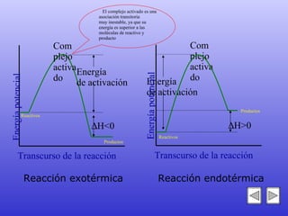 Energía  de activación Energía potencial Transcurso de la reacción Complejo activado Reactivos  H<0 Energía  de activación Transcurso de la reacción Complejo activado Reactivos  H>0 Energía potencial Reacción exotérmica Reacción endotérmica Productos Productos   El complejo activado es una asociación transitoria  muy inestable, ya que su  energía es superior a las  moléculas de reactivo y  producto 