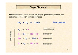 19
Etapa Elemental
Etapa elemental: cada una de las etapas que forman parte de una
determinada reacción química compleja
2 H2 + O2 ⇔ 2 H2O
H2 → 2 H
H + O2 → HO + O
HO + H2 → H2O + H
O + H2 → HO + H
Mecanismo
Fase gaseosa
monomolecular
bimolecular
bimolecular
bimolecular
 