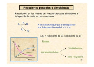 22
Reacciones paralelas o simultáneas
Reacciones en las cuales un reactivo participa simultánea e
independientemente en dos reacciones
A se consumirá igual que si participase en
una única reacción donde k = k1 + k2
k1/k2 = redimiento de B/ rendimiento de C
isopropenilciclobutano
1-metilciclohexeno
eteno + isopropeno
A C
B
Tiempo
[ ]
A B
C
k1
k2
Ejemplo
 
