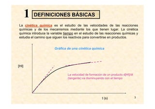 3
DEFINICIONES BDEFINICIONES BÁÁSICASSICAS11
La cinética química es el estudio de las velocidades de las reacciones
químicas y de los mecanismos mediante los que tienen lugar. La cinética
química introduce la variable tiempo en el estudio de las reacciones químicas y
estudia el camino que siguen los reactivos para convertirse en productos.
t (s)
[HI]
La velocidad de formación de un producto d[HI]/dt
(tangente) va disminuyendo con el tiempo
Gráfica de una cinética química
 