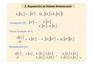 31
2. Suposición de Estado Estacionario
[ ]=31 Ok
[ ] =
dt
Od 2
Despejando [O•]
Para la formación de O2
[ ] [ ]3221
OkOk +−
[ ]31
Ok[ ] =•
O
[ ]31 Ok [ ][ ]•
−− OOk 21 [ ][ ]32
OOk2 •
+
[ ]31
Ok[ ] =
dt
Od 2 [ ]32 Ok2 [ ]
[ ] [ ]3221
31
OkOk
Ok
+−
+
Reemplazando [O•]
[ ] [ ]( )3221 OkOk +−
[ ]•
O
[ ]21 Ok− [ ]
[ ] [ ]3221
31
OkOk
Ok
+−
_
 