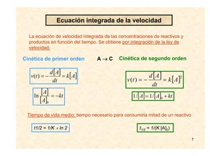 7
Ecuación integrada de la velocidad
La ecuación de velocidad integrada da las concentraciones de reactivos y
productos en función del tiempo. Se obtiene por integración de la ley de
velocidad:
Cinética de primer orden Cinética de segundo ordenA → C
[ ] [ ]Ak
dt
Ad
tv =−=)(
[ ]
[ ]
kt
A
A
−=
0
ln
Tiempo de vida medio: tiempo necesario para consumirla mitad de un reactivo
t1/2 = 1/K × ln 2 t1/2 = 1/(K [A]0)
[ ] [ ]2
)( Ak
dt
Ad
tv =−=
[ ] [ ] ktAA += 0/1/1
 