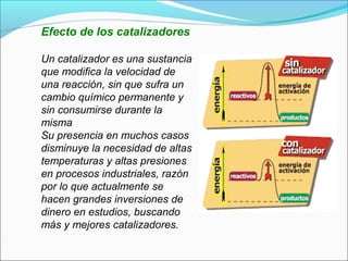 Efecto de los catalizadores

Un catalizador es una sustancia
que modifica la velocidad de
una reacción, sin que sufra un
cambio químico permanente y
sin consumirse durante la
misma
Su presencia en muchos casos
disminuye la necesidad de altas
temperaturas y altas presiones
en procesos industriales, razón
por lo que actualmente se
hacen grandes inversiones de
dinero en estudios, buscando
más y mejores catalizadores.
 