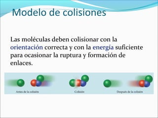 Modelo de colisiones

Las moléculas deben colisionar con la
orientación correcta y con la energía suficiente
para ocasionar la ruptura y formación de
enlaces.
 