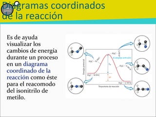 Diagramas coordinados
Cinética




de la reacción
química




   Es de ayuda
   visualizar los
   cambios de energía
   durante un proceso
   en un diagrama
   coordinado de la
   reacción como éste
   para el reacomodo
   del isonitrilo de
   metilo.
 