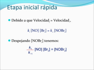 Etapa inicial rápida
Debido a que Velocidadf = Velocidadr ,

            k1 [NO] [Br2] = k−1 [NOBr2]

Despejando [NOBr2] tenemos:

            k1
                [NO] [Br2] = [NOBr2]
            k−1
 
