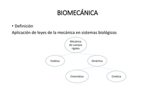 BIOMECÁNICA
• Definición
Aplicación de leyes de la mecánica en sistemas biológicos
Mecánica
de cuerpos
rígidos
Estática Dinámica
CinéticaCinemática
 
