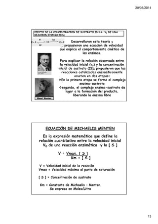 20/03/2014
13
Desarrollaron esta teoría y
y propusieron una ecuación de velocidad
que explica el comportamiento cinético de
los enzimas.
Para explicar la relación observada entre
la velocidad inicial (v0) y la concentración
inicial de sustrato ([S]0 propusieron que las
reacciones catalizadas enzimáticamente
ocurren en dos etapas:
En la primera etapa se forma el complejo
enzima-sustrato
segunda, el complejo enzima-sustrato da
lugar a la formación del producto,
liberando la enzima libre
EFECTO DE LA CONCENTRACION DE SUSTRATO EN LA V0 DE UNA
REACCION ENZIMATICA
Maud Menten
ECUACIÓN DE MICHAELIS MENTEN
Es la expresión matemática que define la
relación cuantitativa entre la velocidad inicial
V0 de una reacción enzimática y la [ S ]
V = Vmax. [ S ]
Km + [ S ]
V = Velocidad inicial de la reacción
Vmax = Velocidad máxima al punto de saturación
[ S ] = Concentración de sustrato
Km = Constante de Michaelis – Menten.
Se expresa en Moles/Litro
 