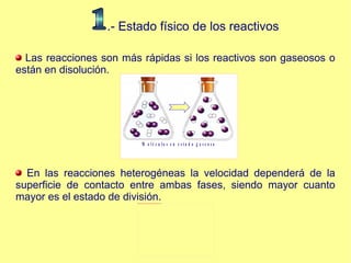 .- Estado físico de los reactivos Las reacciones son más rápidas si los reactivos son gaseosos o están en disolución. En las reacciones heterogéneas la velocidad dependerá de la superficie de contacto entre ambas fases, siendo mayor cuanto mayor es el estado de división. 