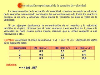 La determinación de la ecuación de velocidad  consiste en medir la velocidad de la reacción manteniendo constantes las concentraciones de todos los reactivos excepto la de uno y observar cómo afecta la variación de éste al valor de la velocidad. Si por ejemplo, duplicamos la concentración de un reactivo y la velocidad también se duplica, diremos que el orden respecto a ese reactivo es 1; pero si la velocidad se hace cuatro veces mayor, diremos que el orden respecto a ese reactivo es 2 etc... Ejemplo:   Determina el orden de reacción : a A  +  b B  => c C  utilizando los datos de la siguiente tabla: Solución: v = k [A]  x  [B] 2 