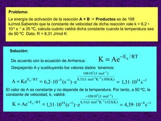 Problema: La energía de activación de la reacción  A + B    Productos  es de 108 kJ/mol.Sabiendo que la constante de velocidad de dicha reacción vale k = 6,2 • 10 -5  s  -1  a 35 ºC, calcula cuánto valdrá dicha constante cuando la temperatura sea de 50 ºC  Dato: R = 8,31 J/mol K Solución: De acuerdo con la ecuación de Arrhenius : Despejando A y sustituyendo los valores dados  tenemos: El valor de A es constante y no depende de la temperatura. Por tanto, a 50 ºC, la  constante de velocidad, k, valdrá: 