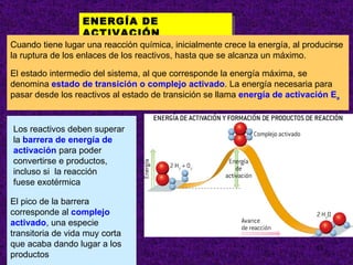 ENERGÍA DE
                  ACTIVACIÓN
Cuando tiene lugar una reacción química, inicialmente crece la energía, al producirse
la ruptura de los enlaces de los reactivos, hasta que se alcanza un máximo.

El estado intermedio del sistema, al que corresponde la energía máxima, se
denomina estado de transición o complejo activado. La energía necesaria para
pasar desde los reactivos al estado de transición se llama energía de activación Ea


Los reactivos deben superar
la barrera de energía de
activación para poder
convertirse e productos,
incluso si la reacción
fuese exotérmica

El pico de la barrera
corresponde al complejo
activado, una especie
transitoria de vida muy corta
que acaba dando lugar a los                                                   13
productos
 