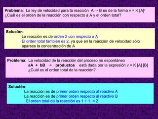 Problema: La ley de velocidad para la reacción A ¡ B es de la forma v = K [A]2
¿Cuál es el orden de la reacción con respecto a A y el orden total?



Solución:
        La reacción es de orden 2 con respecto a A
        El orden total también es 2, ya que en la reacción de velocidad sólo
        aparece la concentración de A


 Problema: La velocidad de la reacción del proceso no espontáneo
           aA + bB ¡ productos está dada por la expresión v = K [A] [B]
           ¿Cuál es el orden total de la reacción?



  Solución:
          La reacción es de primer orden respecto al reactivo A
          La reacción es de primer orden respecto al reactivo B
           El orden total de la reacción es 1 + 1 = 2

                                                                               30
 
