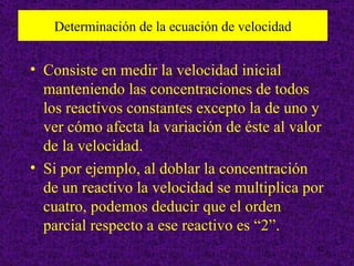 Determinación de la ecuación de velocidad


• Consiste en medir la velocidad inicial
  manteniendo las concentraciones de todos
  los reactivos constantes excepto la de uno y
  ver cómo afecta la variación de éste al valor
  de la velocidad.
• Si por ejemplo, al doblar la concentración
  de un reactivo la velocidad se multiplica por
  cuatro, podemos deducir que el orden
  parcial respecto a ese reactivo es “2”.
                                               32
 