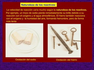 Naturaleza de los reactivos:
La velocidad de reacción varía mucho según la naturaleza de los reactivos.
Por ejemplo, un trozo de sodio pierde inmediatamente su brillo debido a su
reacción con el oxígeno y el agua atmosféricos. El hierro también reacciona
con el oxígeno y la humedad del aire, formando herrumbre, pero de forma
más lenta




        Oxidación del sodio                   Oxidación del hierro

                                                                         4
 