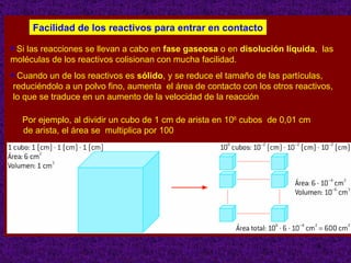 Facilidad de los reactivos para entrar en contacto

• Si las reacciones se llevan a cabo en fase gaseosa o en disolución líquida,       las
moléculas de los reactivos colisionan con mucha facilidad.
• Cuando un de los reactivos es sólido, y se reduce el tamaño de las partículas,
reduciéndolo a un polvo fino, aumenta el área de contacto con los otros reactivos,
lo que se traduce en un aumento de la velocidad de la reacción

   Por ejemplo, al dividir un cubo de 1 cm de arista en 106 cubos de 0,01 cm
   de arista, el área se multiplica por 100




                                                                                6
 