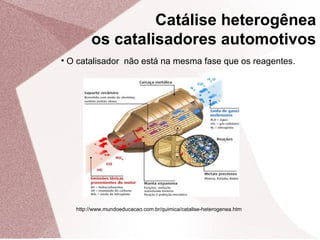 • O catalisador não está na mesma fase que os reagentes.
Catálise heterogênea
os catalisadores automotivos
http://www.mundoeducacao.com.br/quimica/catalise-heterogenea.htm
 
