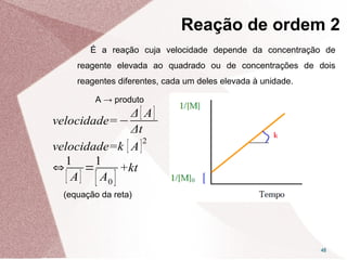 É a reação cuja velocidade depende da concentração de
reagente elevada ao quadrado ou de concentrações de dois
reagentes diferentes, cada um deles elevada à unidade.
A → produto
48
velocidade=−
Δ[ A]
Δt
velocidade=k [ A]2
⇔
1
[ A]
=
1
[ A0 ]
+kt
Reação de ordem 2
(equação da reta)
 