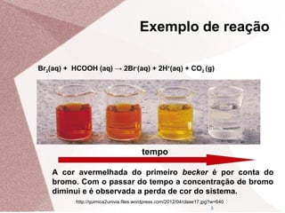 5
Br2(aq) + HCOOH (aq) → 2Br-
(aq) + 2H+
(aq) + CO2 (g)
A cor avermelhada do primeiro becker é por conta do
bromo. Com o passar do tempo a concentração de bromo
diminui e é observada a perda de cor do sistema.
Exemplo de reação
tempo
http://quimica2univia.files.wordpress.com/2012/04/clase17.jpg?w=640
 