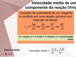 6
Velocidade média=−
Δ[ A]
Δt
=
Δ[B]
Δt
Para a reação:
A → B
Variação da quantidade de um reagente
ou produto em uma reação química num
intervalo de tempo.
vm=
Δm
Δt
ou
Δn
Δt
ou
ΔV
Δt
ou
ΔC
Δt
m = massa, n = no
mols, V = volume, C = concentração
molar
Velocidade média de um
componente da reação (Vm)
 