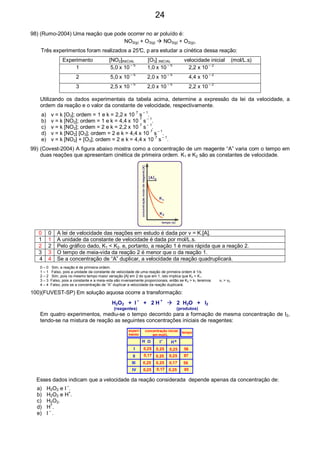 98) (Rumo-2004) Uma reação que pode ocorrer no ar poluído é:
NO2(g) + O3(g) NO3(g) + O2(g),
Três experimentos foram realizados a 25°C, p ara estudar a cinética dessa reação:
Experimento [NO2]INICIAL [O3] INICIAL velocidade inicial (mol/L.s)
1 5,0 x 10
– 5
1,0 x 10
– 5
2,2 x 10
– 2
2 5,0 x 10
– 5
2,0 x 10
– 5
4,4 x 10
– 2
3 2,5 x 10
– 5
2,0 x 10
– 5
2,2 x 10
– 2
Utilizando os dados experimentais da tabela acima, determine a expressão da lei da velocidade, a
ordem da reação e o valor da constante de velocidade, respectivamente.
a) v = k [O3]; ordem = 1 e k = 2,2 x 10 7
s – 1
.
b) v = k [NO2]; ordem = 1 e k = 4,4 x 10 7
s – 1
.
c) v = k [NO2]; ordem = 2 e k = 2,2 x 10 7
s – 1
.
d) v = k [NO2] [O3]; ordem = 2 e k = 4,4 x 10 7
s – 1
.
e) v = k [NO2] + [O3]; ordem = 2 e k = 4,4 x 10 7
s – 1
.
99) (Covest-2004) A figura abaixo mostra como a concentração de um reagente “A” varia com o tempo em
duas reações que apresentam cinética de primeira ordem. K1 e K2 são as constantes de velocidade.
K
K
1
2
A[ ]
tempo (s)
concentraçãomolardereagente[A]
0
0 0 A lei de velocidade das reações em estudo é dada por v = K.[A].
1 1 A unidade da constante de velocidade é dada por mol/L.s.
2 2 Pelo gráfico dado, K1 < K2. e, portanto, a reação 1 é mais rápida que a reação 2.
3 3 O tempo de meia-vida da reação 2 é menor que o da reação 1.
4 4 Se a concentração de “A” duplicar, a velocidade da reação quadruplicará.
0 – 0 Sim, a reação é de primeira ordem.
1 – 1 Falso, pois a unidade da constante de velocidade de uma reação de primeira ordem é 1/s.
2 – 2 Sim, pois no mesmo tempo maior variação [A] em 2 do que em 1, isto implica que K2 > K1.
3 – 3 Falso, pois a constante e a meia-vida são inversamente proporcionais, então se K2 > k1 teremos v1 > v2.
4 – 4 Falso, pois se a concentração de “A” duplicar a velocidade da reação duplicará.
100)(FUVEST-SP) Em solução aquosa ocorre a transformação:
H2O2 + I
–
+ 2 H
+
2 H2O + I2
(reagentes) (produtos)
Em quatro experimentos, mediu-se o tempo decorrido para a formação de mesma concentração de I2,
tendo-se na mistura de reação as seguintes concentrações iniciais de reagentes:
2 2
H HO I +-
I
II
III
IV 0,25
0,25
0,25
0,25
0,25
0,25
0,25
0,25
0,25
0,17
0,17
0,17
56
56
87
85
concentração inicial
em mol/L
tempoexperi-
mento
Esses dados indicam que a velocidade da reação considerada depende apenas da concentração de:
a) H2O2 e I
–
.
b) H2O2 e H+
.
c) H2O2.
d) H+
.
e) I –
.
24
 