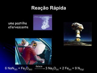 Reação Rápida
6 NaN3(l) + Fe2O3(s) 3 Na2O(s) + 2 Fe(s) + 9 N2(g)
faísca
uma pastilha
efervescente
 