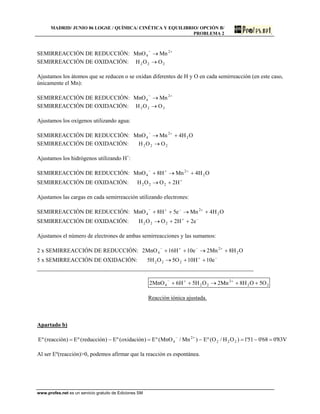MADRID/ JUNIO 06 LOGSE / QUÍMICA/ CINÉTICA Y EQUILIBRIO/ OPCIÓN B/
PROBLEMA 2
SEMIRREACCIÓN DE REDUCCIÓN: +−
→ 2
4 MnMnO
SEMIRREACCIÓN DE OXIDACIÓN: 222 OOH →
Ajustamos los átomos que se reducen o se oxidan diferentes de H y O en cada semirreacción (en este caso,
únicamente el Mn):
SEMIRREACCIÓN DE REDUCCIÓN: +−
→ 2
4 MnMnO
SEMIRREACCIÓN DE OXIDACIÓN: 222 OOH →
Ajustamos los oxígenos utilizando agua:
SEMIRREACCIÓN DE REDUCCIÓN: OH4MnMnO 2
2
4 +→ +−
SEMIRREACCIÓN DE OXIDACIÓN: 222 OOH →
Ajustamos los hidrógenos utilizando H+
:
SEMIRREACCIÓN DE REDUCCIÓN: OH4MnH8MnO 2
2
4 +→+ ++−
SEMIRREACCIÓN DE OXIDACIÓN: +
+→ H2OOH 222
Ajustamos las cargas en cada semirreacción utilizando electrones:
SEMIRREACCIÓN DE REDUCCIÓN: OH4Mne5H8MnO 2
2
4 +→++ +−+−
SEMIRREACCIÓN DE OXIDACIÓN: −+
++→ e2H2OOH 222
Ajustamos el número de electrones de ambas semirreacciones y las sumamos:
2 x SEMIRREACCIÓN DE REDUCCIÓN: OH8Mn2e10H16MnO2 2
2
4 +→++ +−+−
5 x SEMIRREACCIÓN DE OXIDACIÓN: −+
++→ e10H10O5OH5 222
___________________________________________________________________________
22
2
224 O5OH8Mn2OH5H6MnO2 ++→++ ++−
Reacción iónica ajustada.
Apartado b)
V83'068'051'1)OH/O(ºE)Mn/MnO(ºE)oxidación(ºE)reducción(ºE)reacción(ºE 222
2
4 =−=−=−= +−
Al ser Eº(reacción)>0, podemos afirmar que la reacción es espontánea.
www.profes.net es un servicio gratuito de Ediciones SM
 