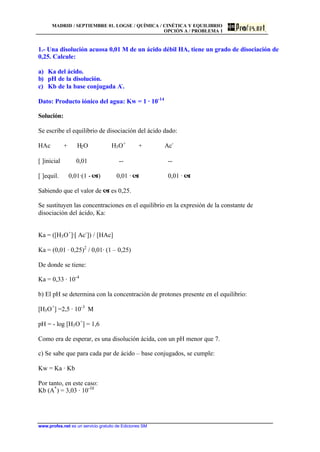 MADRID / SEPTIEMBRE 01. LOGSE / QUÍMICA / CINÉTICA Y EQUILIBRIO
OPCIÓN A / PROBLEMA 1
www.profes.net es un servicio gratuito de Ediciones SM
1.- Una disolución acuosa 0,01 M de un ácido débil HA, tiene un grado de disociación de
0,25. Calcule:
a) Ka del ácido.
b) pH de la disolución.
c) Kb de la base conjugada A-
.
Dato: Producto iónico del agua: Kw = 1 · 10-14
Solución:
Se escribe el equilibrio de disociación del ácido dado:
HAc + H2O H3O+
+ Ac-
[ ]inicial 0,01 -- --
[ ]equil. 0,01·(1 - a) 0,01 · a 0,01 · a
Sabiendo que el valor de a es 0,25.
Se sustituyen las concentraciones en el equilibrio en la expresión de la constante de
disociación del ácido, Ka:
Ka = ([H3O+
]·[ Ac-
]) / [HAc]
Ka = (0,01 · 0,25)2
/ 0,01· (1 – 0,25)
De donde se tiene:
Ka = 0,33 · 10-4
b) El pH se determina con la concentración de protones presente en el equilibrio:
[H3O+
] =2,5 · 10-3
M
pH = - log [H3O+
] = 1,6
Como era de esperar, es una disolución ácida, con un pH menor que 7.
c) Se sabe que para cada par de ácido – base conjugados, se cumple:
Kw = Ka · Kb
Por tanto, en este caso:
Kb (A*
) = 3,03 · 10-10
 