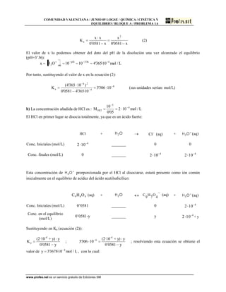 COMUNIDAD VALENCIANA / JUNIO 05 LOGSE / QUÍMICA / CINÉTICA Y
EQUILIBRIO / BLOQUE A / PROBLEMA 1A
www.profes.net es un servicio gratuito de Ediciones SM
x0581'0
x
x0581´0
xx
K
2
a (2)
El valor de x lo podemos obtener del dato del pH de la disolución una vez alcanzado el equilibrio
(pH=3’36):
L/mol10·365'41010OHx 436'3pH
eq3
Por tanto, sustituyendo el valor de x en la ecuación (2):
6
4
24
a 10306'3
10·365'40581'0
)10365'4(
K (sus unidades serían: mol/L)
b) La concentración añadida de HCl es : L/mol102
05'0
10
M 4
5
HCl
El HCl en primer lugar se disocia totalmente, ya que es un ácido fuerte:
HCl + OH2 Cl (aq) + OH3 (aq)
Conc. Iniciales (mol/L) 4
102 _______ 0 0
Conc. finales (mol/L) 0 _______ 4
102 4
102
Esta concentración de OH3 prorporcionada por el HCl al disociarse, estará presente como ión común
inicialmente en el equilibrio de acidez del ácido acetilsalicílico:
489 OHC (aq) + OH2 4
O
7
H
9
C (aq) + OH3 (aq)
Conc. Iniciales (mol/L) 0’0581 _______ 0 4
102
Conc. en el equilibrio
(mol/L)
0’0581-y _______ y 4
102 + y
Sustituyendo en Ka (ecuación (2)):
y0581´0
yy)+(2·10
K
-4
a ;
y0581´0
yy)+(2·10
10306'3
-4
6
; resolviendo esta ecuación se obtiene el
valor de L/mol10·3678'3y 4
, con lo cual:
 