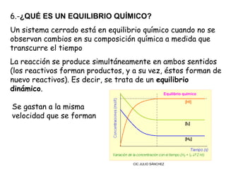 6.-¿QUÉ ES UN EQUILIBRIO QUÍMICO?
Un sistema cerrado está en equilibrio químico cuando no se
observan cambios en su composición química a medida que
transcurre el tiempo
La reacción se produce simultáneamente en ambos sentidos
(los reactivos forman productos, y a su vez, éstos forman de
nuevo reactivos). Es decir, se trata de un equilibrio
dinámico.

Se gastan a la misma
velocidad que se forman




                                  CIC JULIO SÁNCHEZ
 
